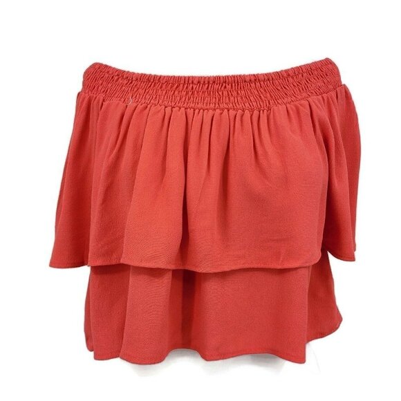 New Flynn Skye Athens Top Womens S Coral Peach Off Shoulder Rayon Ruffle - Picture 1 of 6